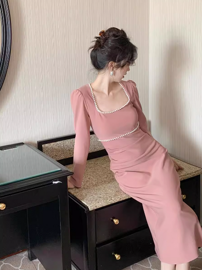 French minimalist square collar white dress ED0229