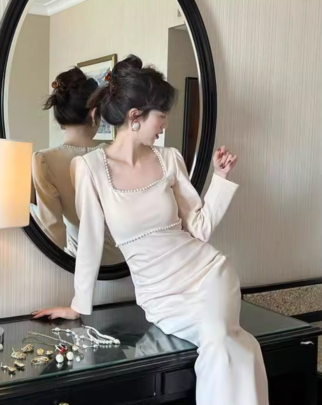 French minimalist square collar white dress ED0229