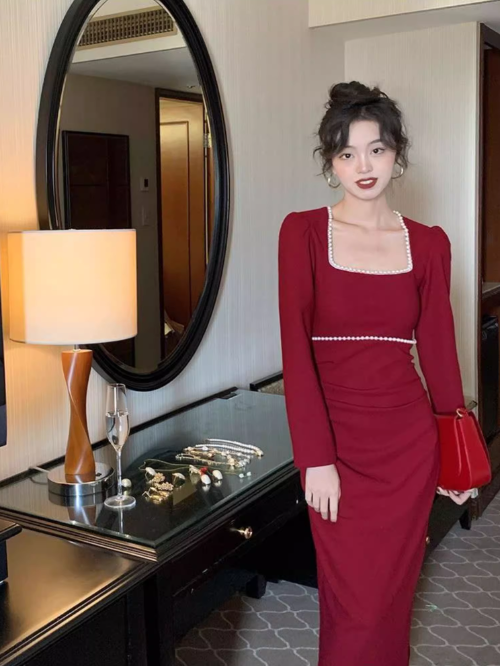 French minimalist square collar white dress ED0229