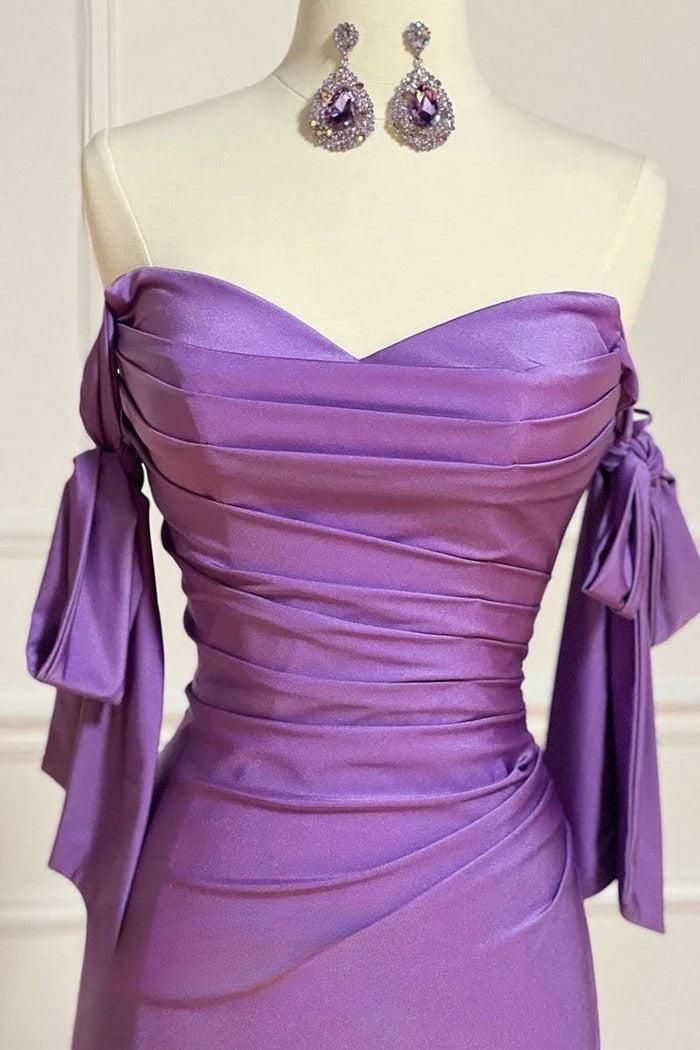 Fashion Purple Sweetheart Satin Pleated Sheath Silt Prom Dresses Elegant Formal Evening Gowns ED02300