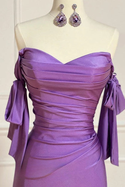 Fashion Purple Sweetheart Satin Pleated Sheath Silt Prom Dresses Elegant Formal Evening Gowns ED02300