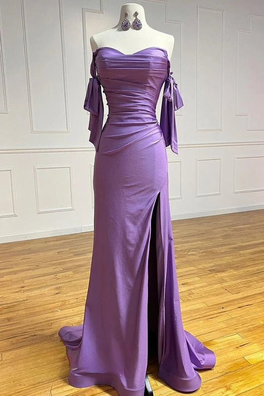 Fashion Purple Sweetheart Satin Pleated Sheath Silt Prom Dresses Elegant Formal Evening Gowns ED02300