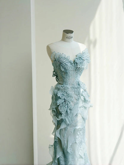 Sweetheart Neck Mermaid Tulle Sequins Elegant Long Prom Dresses Exquisite Embroidery Applique Train Wedding Dress  ED02301