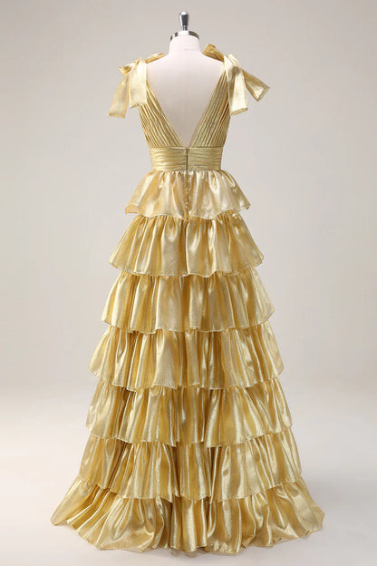 Gorgeous Gold V-neck Glitter Satin Layered A-Line Prom Dresses Sweet Formal Evening Dress  ED02302