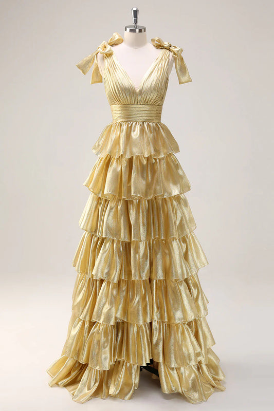 Gorgeous Gold V-neck Glitter Satin Layered A-Line Prom Dresses Sweet Formal Evening Dress  ED02302