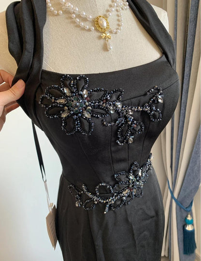 Elegant Black Square Neck Mermaid Beaded Long Prom Dresses Formal Evening Dress ED02303