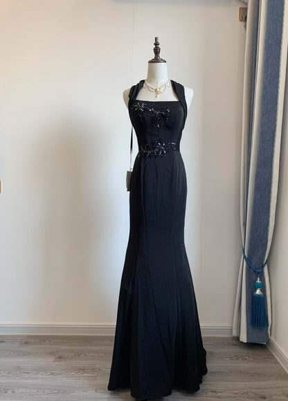 Elegant Black Square Neck Mermaid Beaded Long Prom Dresses Formal Evening Dress ED02303