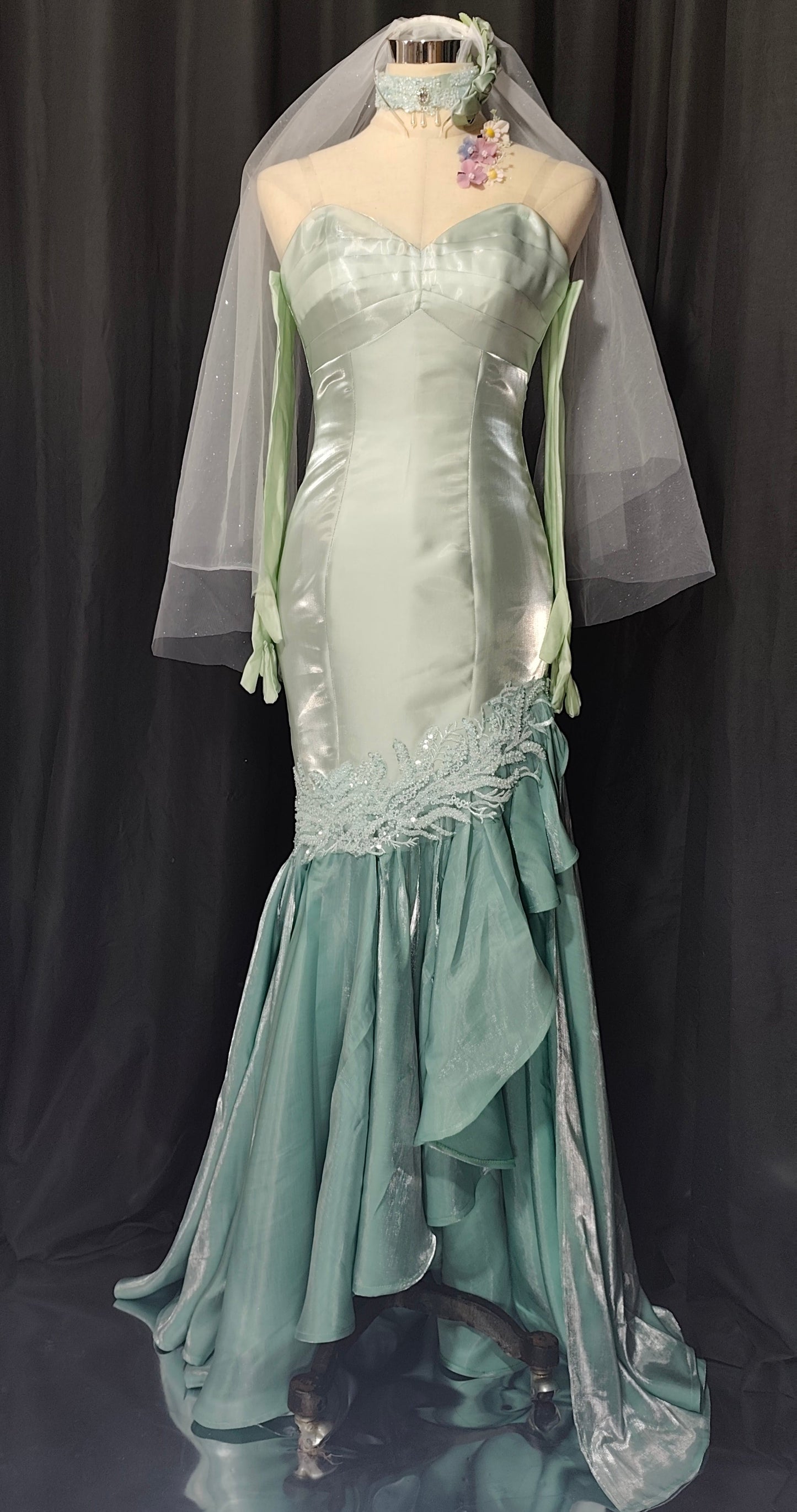 Fairytale Sweetheart Green Long Sleeves Satin Tulle Mermaid Prom Dresses Formal Evening Dresses  ED02304