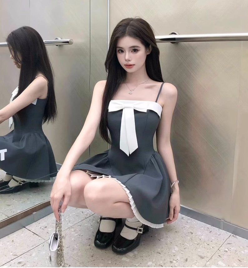 French style stitching suspender dress with bow waist short skirt  ED02305