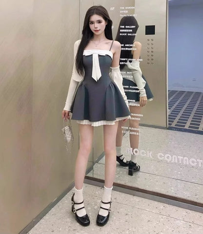 French style stitching suspender dress with bow waist short skirt  ED02305