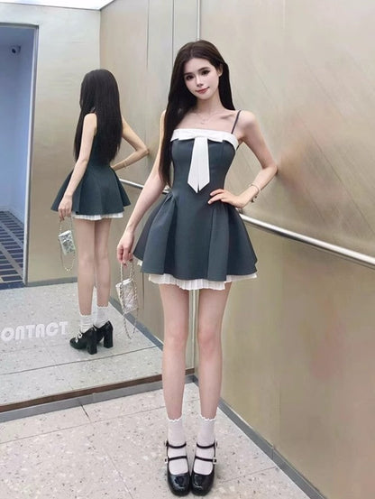 French style stitching suspender dress with bow waist short skirt  ED02305