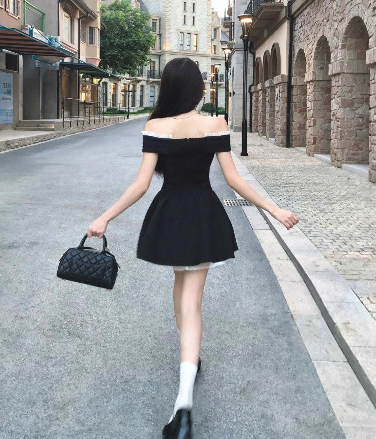 French style black off-shoulder dress summer short skirt  ED02306
