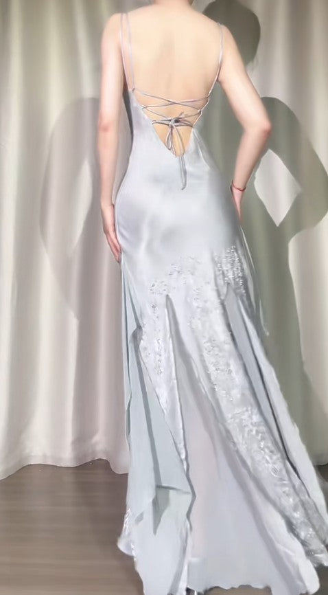 Vintage Silver V-neck Satin Beaded Party Dresses Backless Sexy Prom Dresses  ED02307