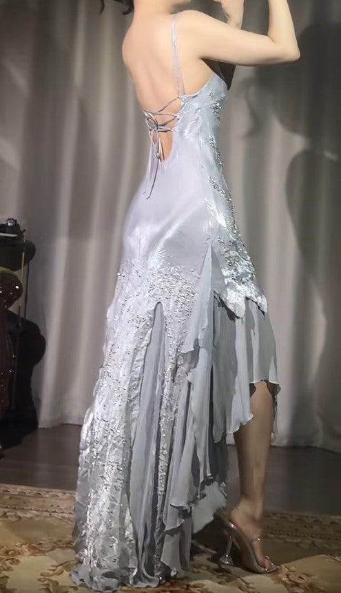 Vintage Silver V-neck Satin Beaded Party Dresses Backless Sexy Prom Dresses  ED02307