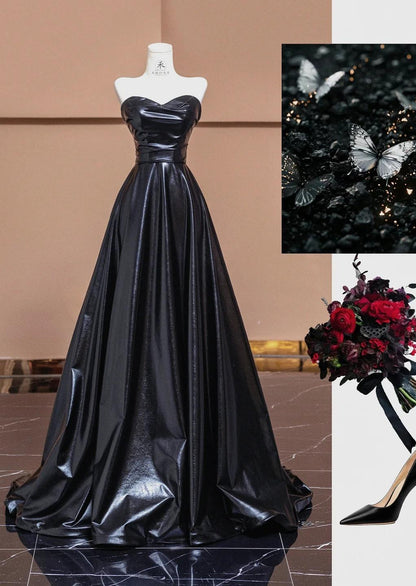 Elegant Black Sweetheart Neck A-Line Satin Long Prom Dresses Formal Evening Gowns ED02308