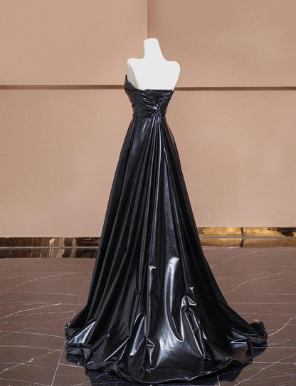 Elegant Black Sweetheart Neck A-Line Satin Long Prom Dresses Formal Evening Gowns ED02308