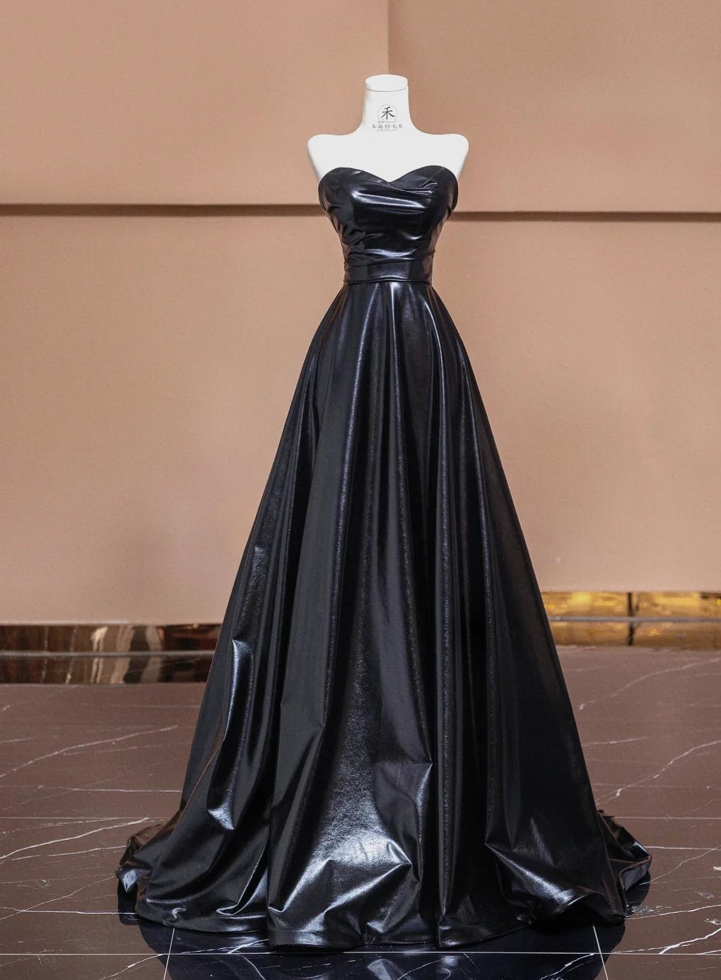 Elegant Black Sweetheart Neck A-Line Satin Long Prom Dresses Formal Evening Gowns ED02308