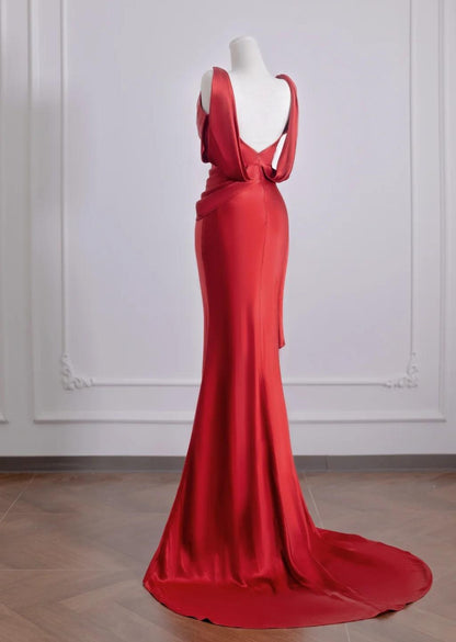 Beautiful Red Satin Mermaid Open Back Long Prom Dresses Elegant Evening Gowns ED02309