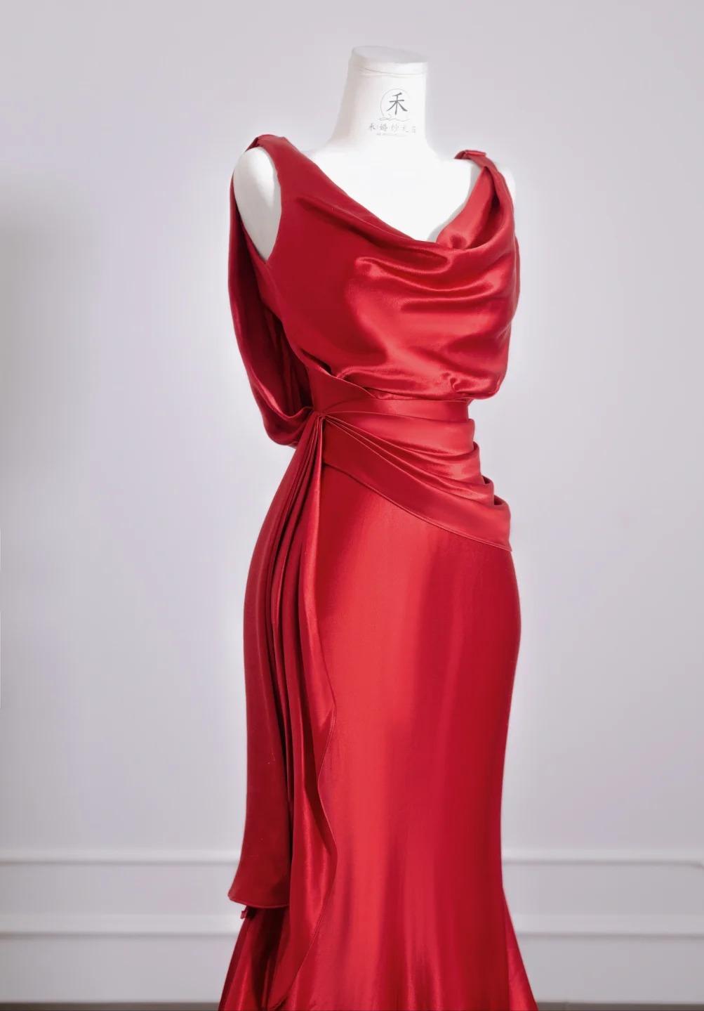 Beautiful Red Satin Mermaid Open Back Long Prom Dresses Elegant Evening Gowns ED02309