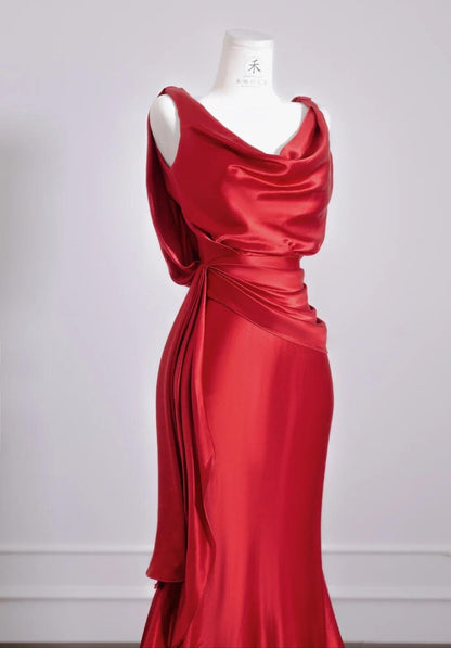 Beautiful Red Satin Mermaid Open Back Long Prom Dresses Elegant Evening Gowns ED02309