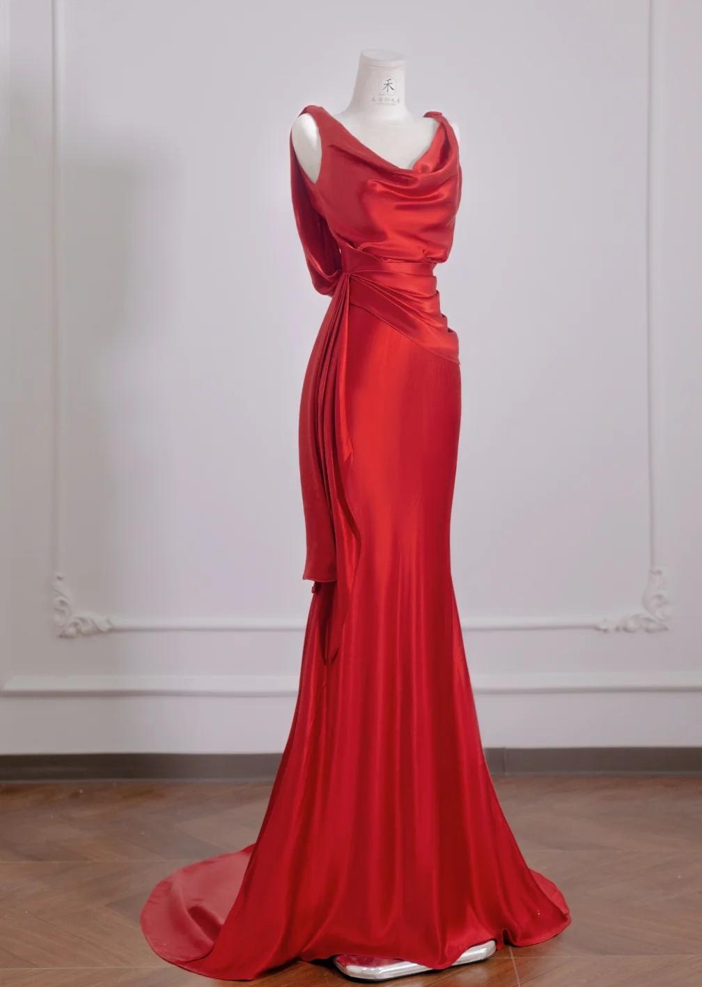 Beautiful Red Satin Mermaid Open Back Long Prom Dresses Elegant Evening Gowns ED02309