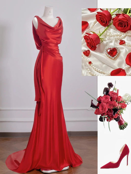 Beautiful Red Satin Mermaid Open Back Long Prom Dresses Elegant Evening Gowns ED02309