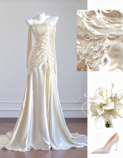 Gorgeous Champagne Spaghetti Straps Mermaid Long Prom Dresses Sweet 16 Dress ED02310