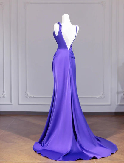Elegant Purple Strap Mermaid Satin Backless Long Prom Dresses Formal Evening Gowns ED02311