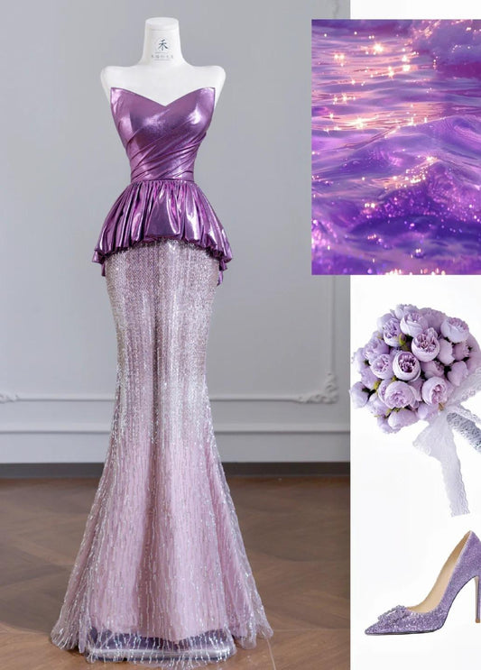 Cute Strapless Pink and Purple Mermaid Long Prom Dresses Elegant Evening Gowns ED02314