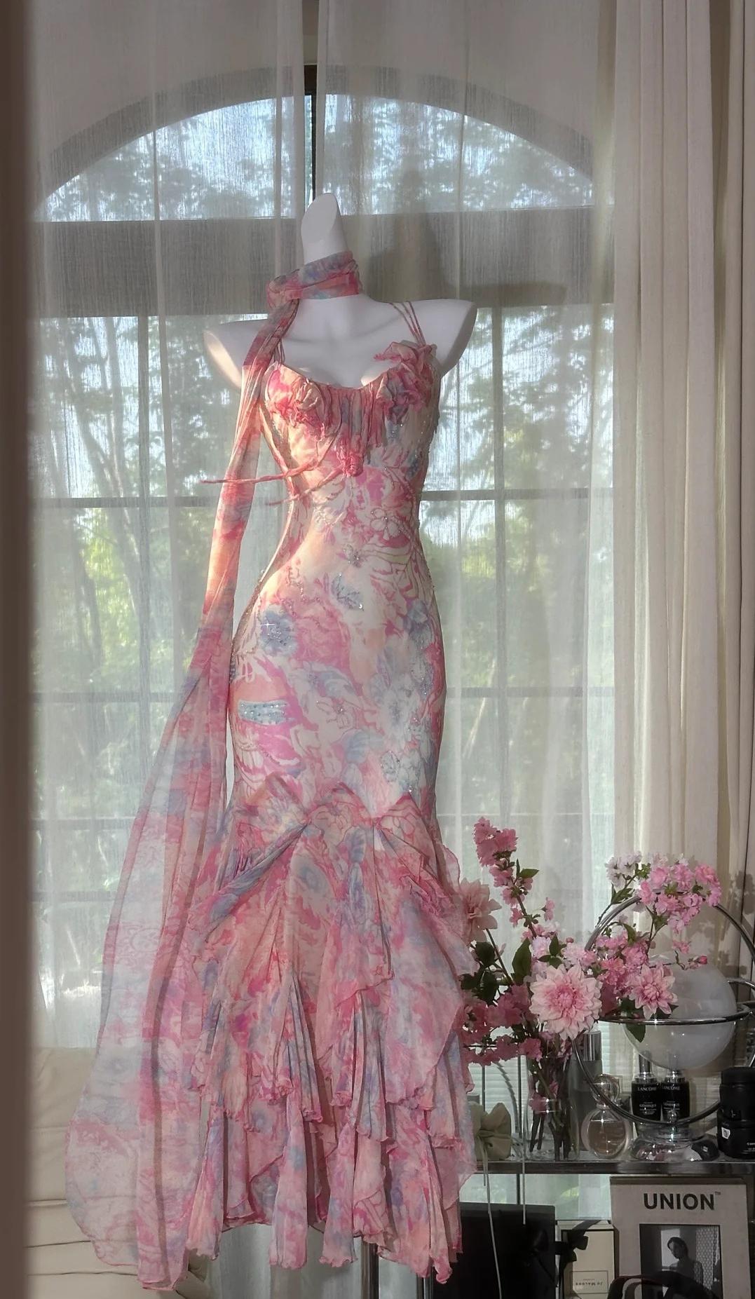 Fairytale Pink Spaghetti Straps Printed Chiffon Mermaid Prom Dresses  Vintage Backless Evening Gowns ED02320