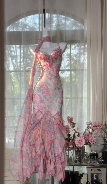 Fairytale Pink Spaghetti Straps Printed Chiffon Mermaid Prom Dresses  Vintage Backless Evening Gowns ED02320