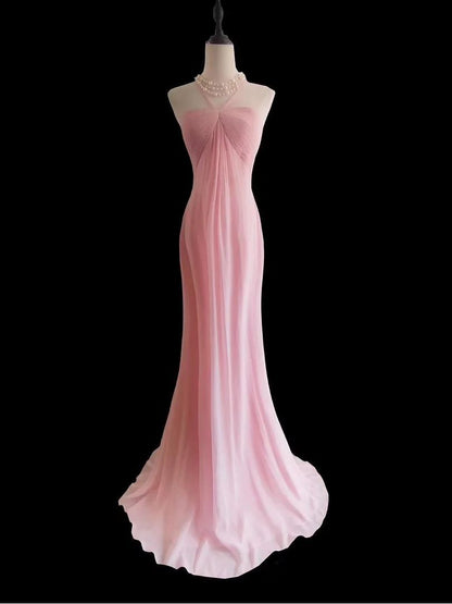 Sweet Pink Halter Neck Chiffon Mermaid Long Prom Dresses Formal Evening Gowns ED02321
