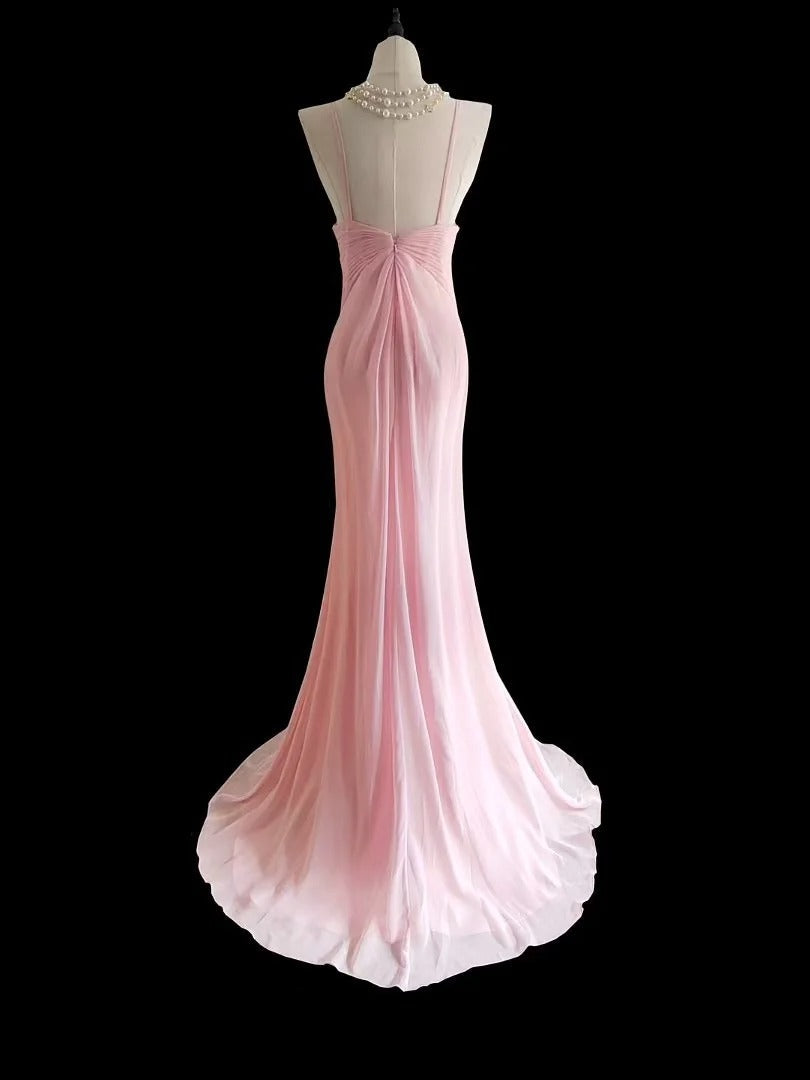 Sweet Pink Halter Neck Chiffon Mermaid Long Prom Dresses Formal Evening Gowns ED02321