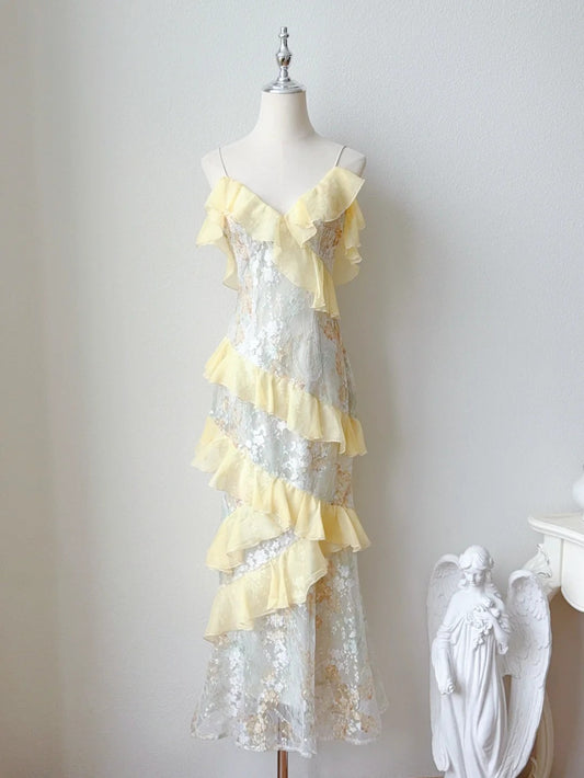 Cute Spaghetti Straps Party Dress Lace Applique Ruffles Birthday Prom Dresses ED02322