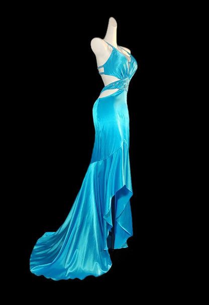 Vintage Blue Spaghetti Straps Hi-Lo Backless Satin Beaded Prom Dresses Elegant Evening Dress ED02323