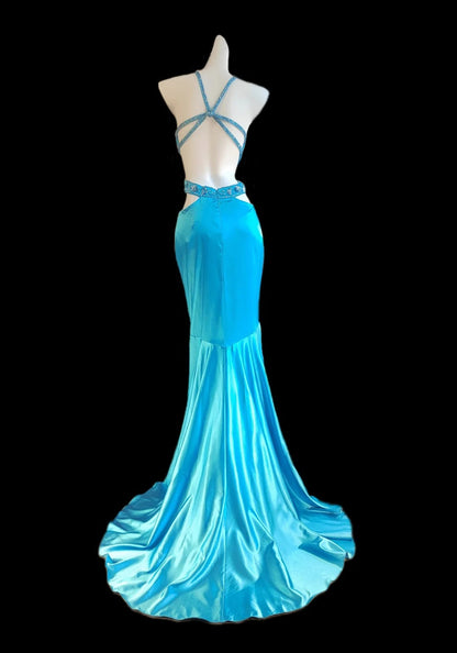 Vintage Blue Spaghetti Straps Hi-Lo Backless Satin Beaded Prom Dresses Elegant Evening Dress ED02323