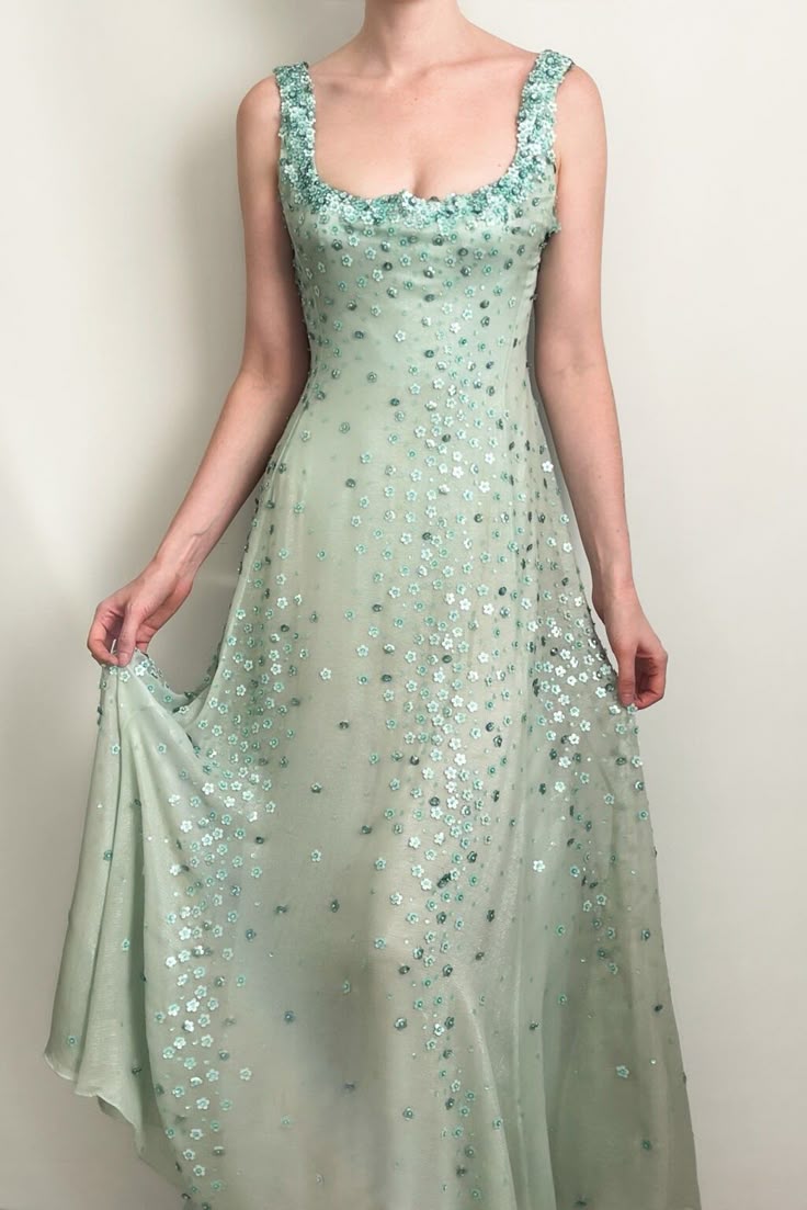 Fairytale Green Beaded Spaghetti Straps Chiffon A-Line Long Prom Dresses Sweet Evening Gowns ED02325