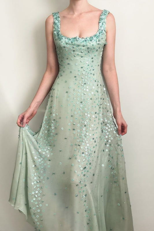 Fairytale Green Beaded Spaghetti Straps Chiffon A-Line Long Prom Dresses Sweet Evening Gowns ED02325