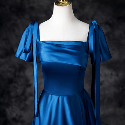Sweet Blue Satin Square Neck A-Line Long Prom Dresses Formal Evening Gowns ED02326