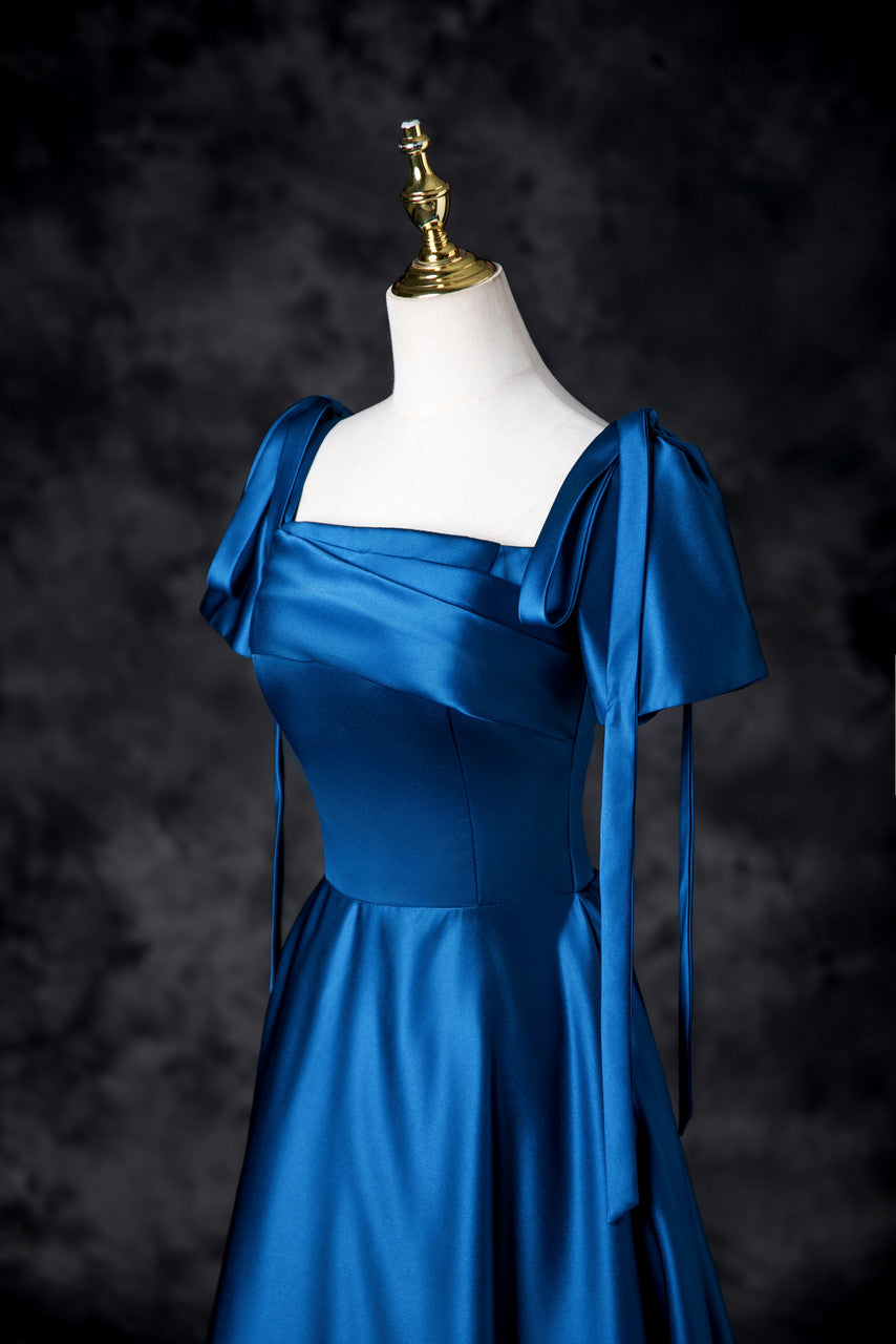Sweet Blue Satin Square Neck A-Line Long Prom Dresses Formal Evening Gowns ED02326