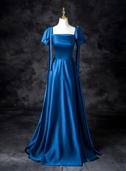Sweet Blue Satin Square Neck A-Line Long Prom Dresses Formal Evening Gowns ED02326