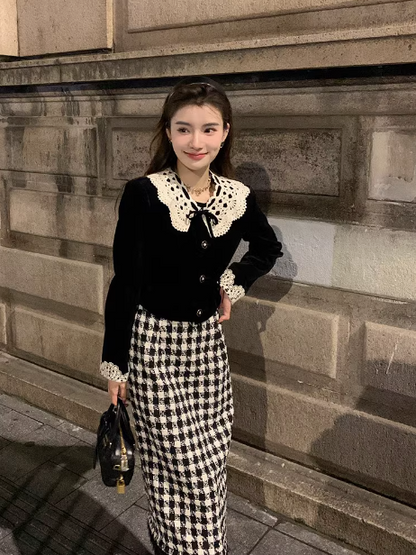 Chanel retro velvet high waist skirt suit ED0232