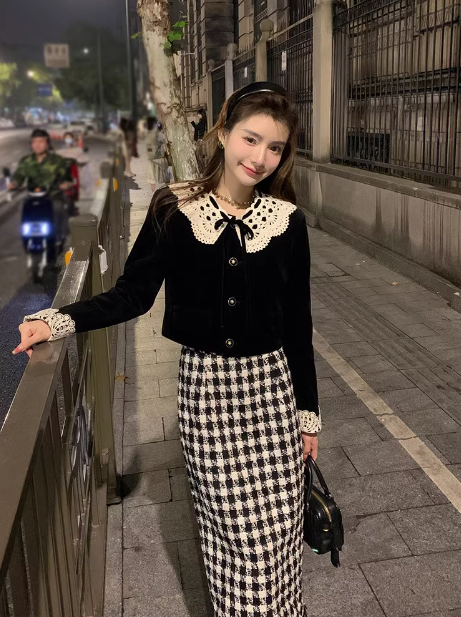 Chanel retro velvet high waist skirt suit ED0232