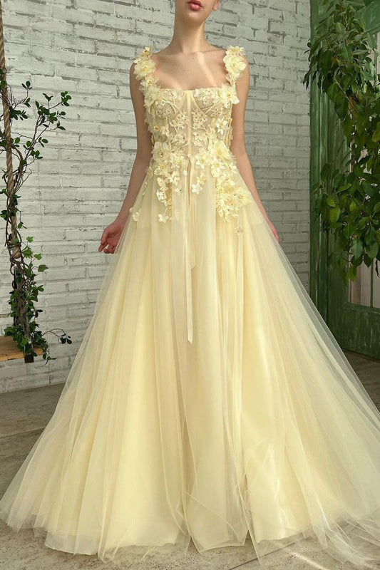 Cute Butter Yellow Square Neck Tulle Applique A-Line Long Prom Dresses Formal Evening Gowns ED02330