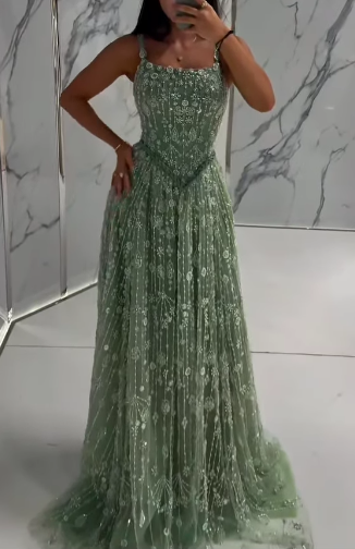 Gorgeous Green Tulle Beading Square Neck A-Line Long Prom Dresses Sweet 16 Evening Gowns ED02331