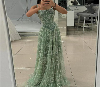 Gorgeous Green Tulle Beading Square Neck A-Line Long Prom Dresses Sweet 16 Evening Gowns ED02331