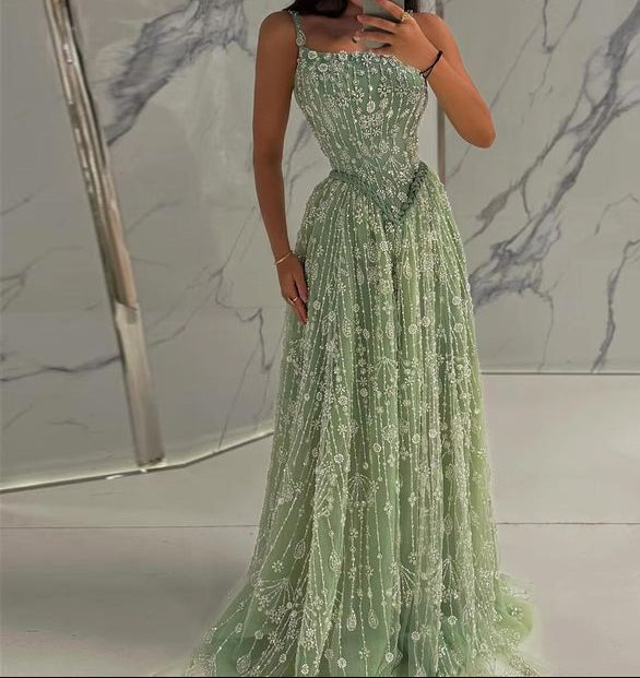 Gorgeous Green Tulle Beading Square Neck A-Line Long Prom Dresses Sweet 16 Evening Gowns ED02331