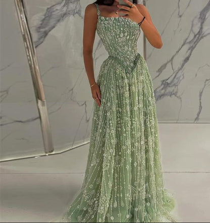 Gorgeous Green Tulle Beading Square Neck A-Line Long Prom Dresses Sweet 16 Evening Gowns ED02331