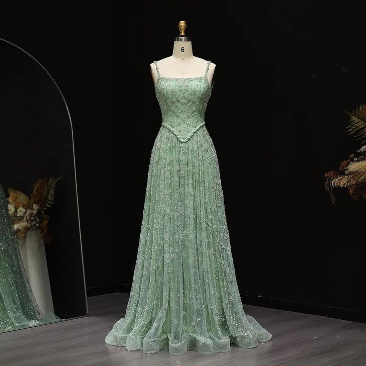 Gorgeous Green Tulle Beading Square Neck A-Line Long Prom Dresses Sweet 16 Evening Gowns ED02331