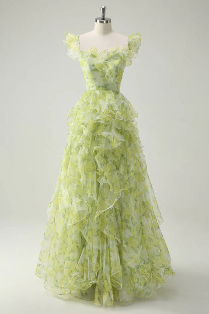 Princess-like Light Sage Green Square Neck Printed Chiffon A-Line Long Prom Dresses Birthday Evening Gowns ED02333